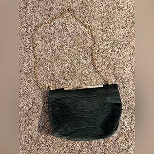 Stella & Dot Dark Green Embossed Clutch with Gold Chain